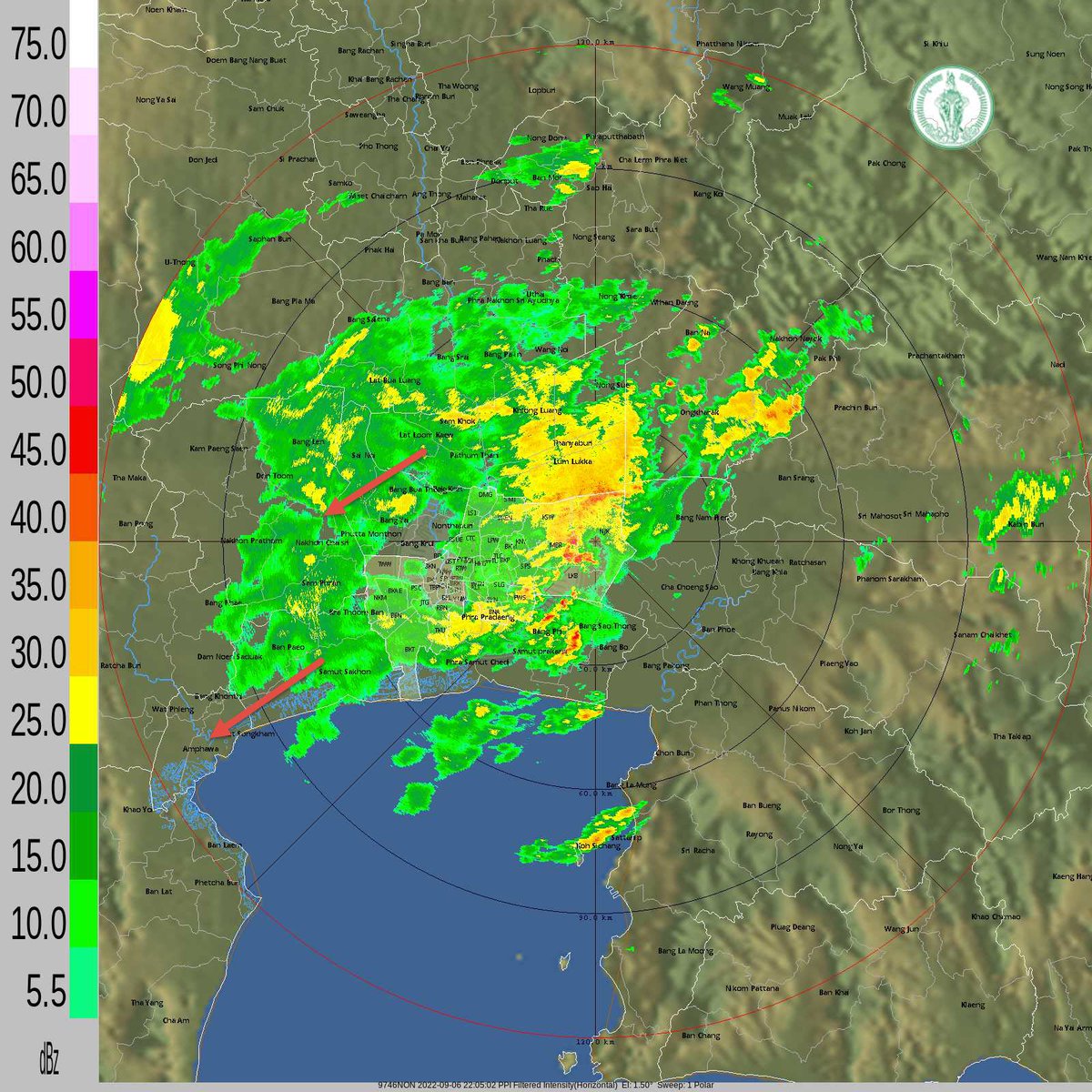 วันที่ 6 กันยายน 2565/ เวลา 22.15 น. ฝนเล็กน้อยสลับปานกลางปกคลุมพื้นที่ กทม.ทั้งหมด ต่อเนื่อง จ.นนทบุรี ปทุมธานี นครปฐม โดยมีฝนปานกลางเขตบางเขน สายไหม คลองสามวา มีนบุรี ประเวศ ทุ่งครุ พระโขนง  เคลื่อนทิศตะวันตกเฉียงใต้ แนวโน้มคงที่ / ปริมาณฝนสูงสุดเขตบางเขน 134.5 มม.