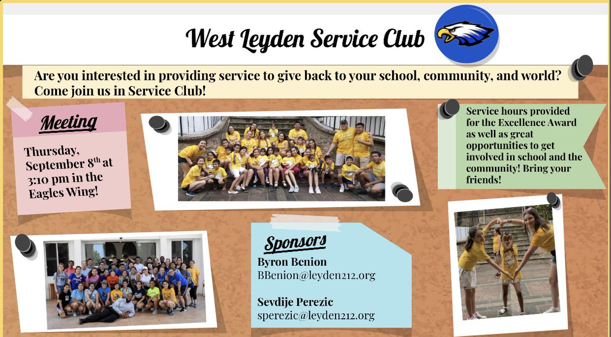 Service Club at West Leyden is starting back up this Thursday, September 8th! Come join us and learn about the great service opportunities you can do to get hours and have fun serving with your friends! #leydenpride