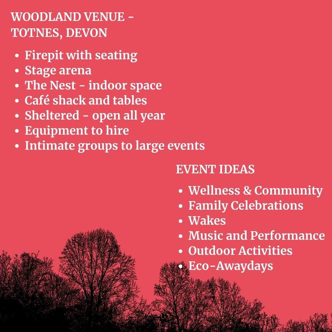 Immerse yourselves into the woods and create an unforgettable experience.

The Glade is available to hire, all year round. 

Our prices vary and are reasonable, with discounts available to community groups.

W: thewoodland.co/the-glade 
E: glade@thewoodland.co 
T: 07865 618 465