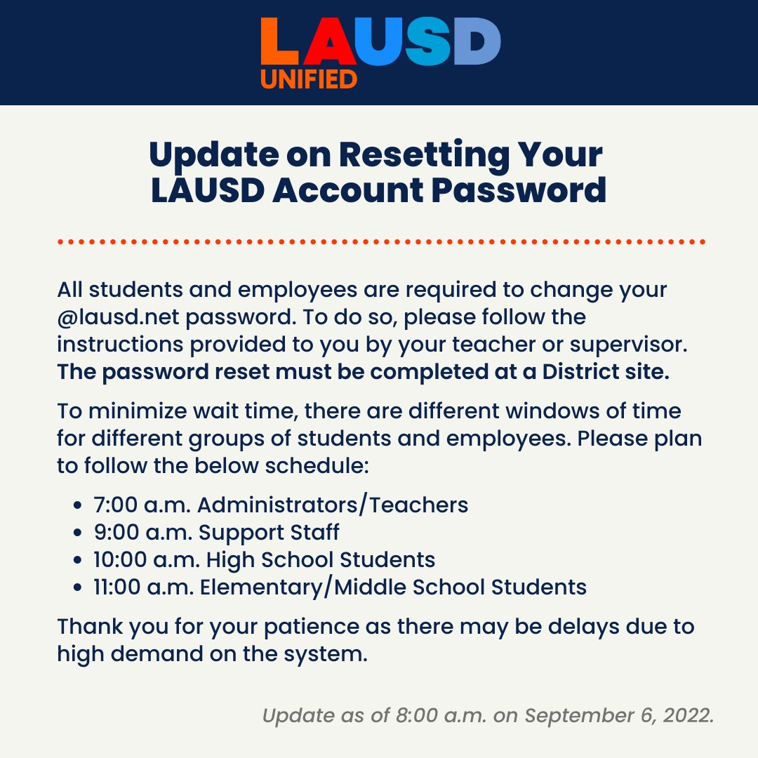 Update on Resetting Your LAUSD Account Password