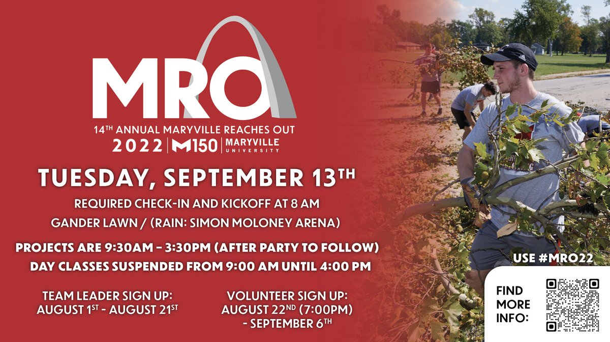 MaryvilleU's tweet photo. REMINDER! Maryville Reaches Out registration closes today! Visit https://t.co/IsA3n7znrX to learn more and register to serve at a project site #MRO22 https://t.co/xXaiLmMSYr