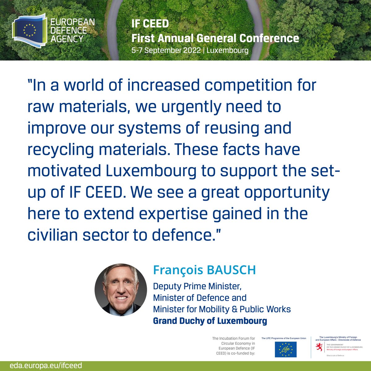Benefits of #IFCEED include strengthening 🇪🇺 security of supply reducing dependency on critical raw materials

🗣️“In a world of increased competition for raw materials, we urgently need to improve our systems of reusing & recycling materials.” 🇱🇺 Minister @Francois_Bausch