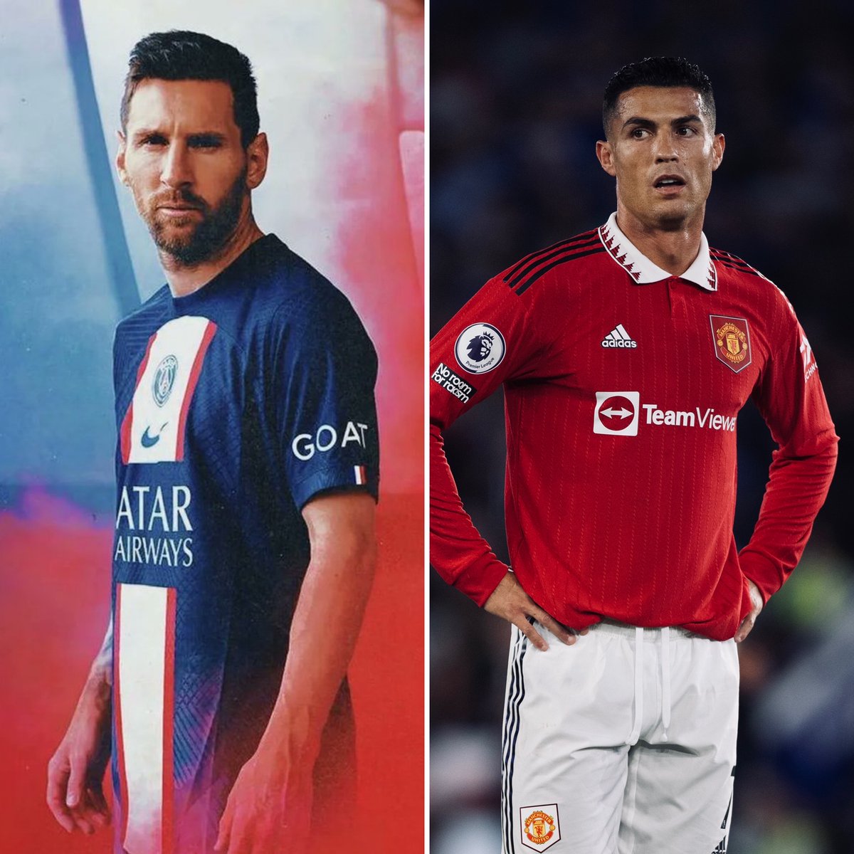 👀 Messi has his title on his shirt, and Ronaldo has his new title on his shirt. 

🐐 Messi: GOAT

🔭 Ronaldo: TeamViewer