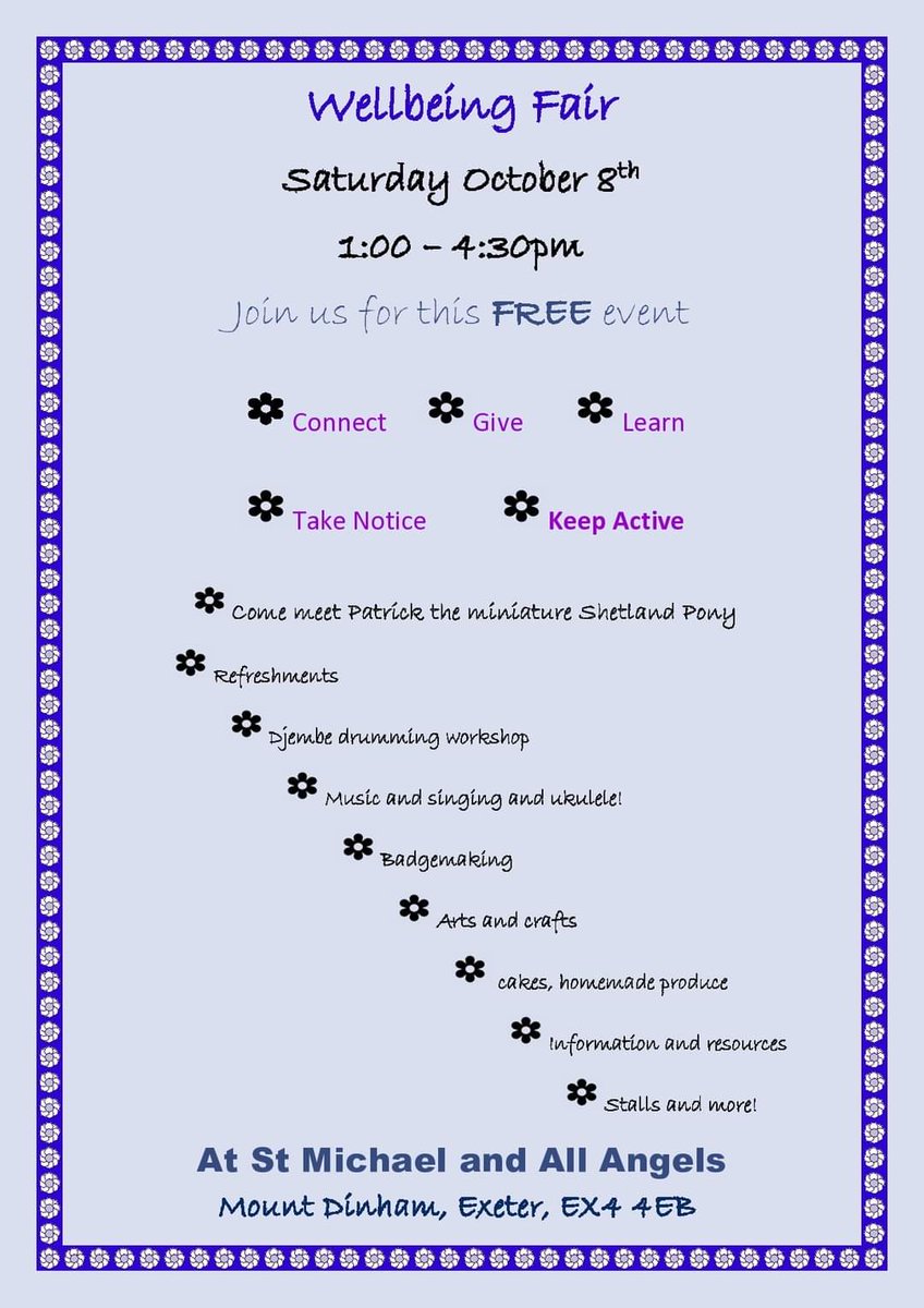 StMikes_Exeter's tweet photo. Wellbeing Fair @StMikes_Exeter @CofEDevon

@WellbeingExeter
@ColabExeter
@ExeterCouncil @DevonCC @YMCAExeter
@MindExeterDevon
@ExeSamaritans
@ExeterCollege

#exeter #devon
#DjembeDrumming
#Ukele
#Wellbeing
#Mentalhealth
#ArtsAndCrafts #MentalHealthAwareness #MentalHealthMatters https://t.co/vXuDwn42Zo