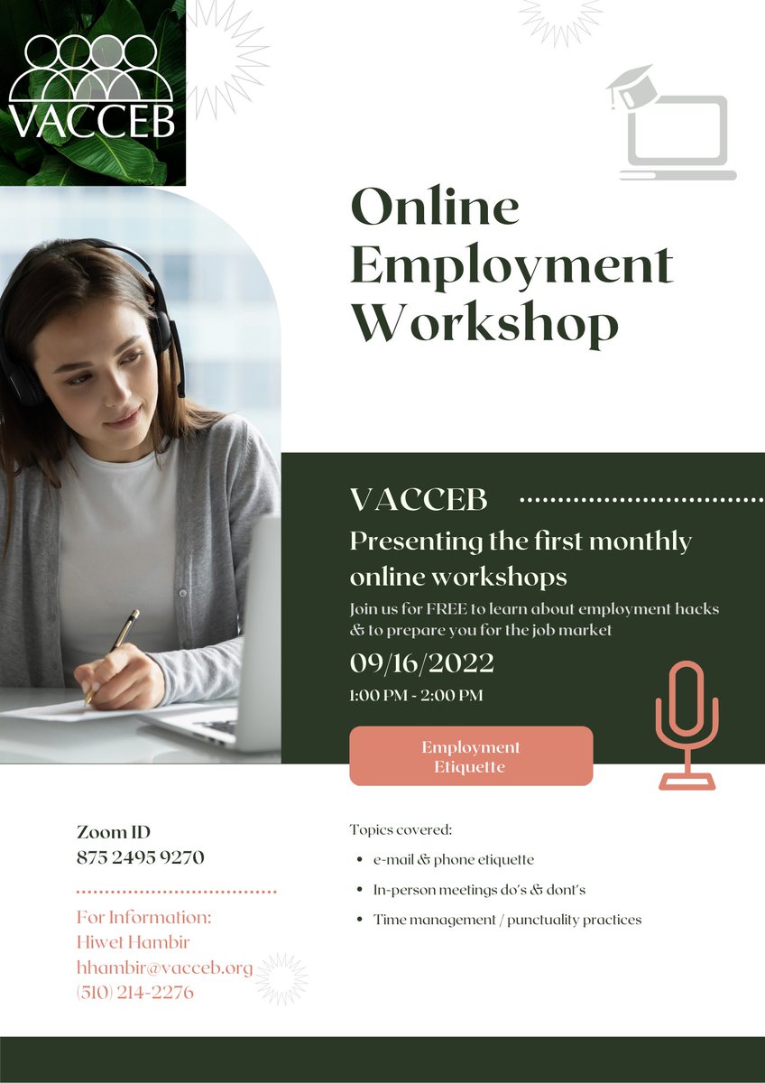 We are pleased to present our first monthly Employment online workshop on 9/16/22 at 1:00 PM

The workshops will discuss hacks and the best practices for your job searching journey! 

We look forward to seeing you!