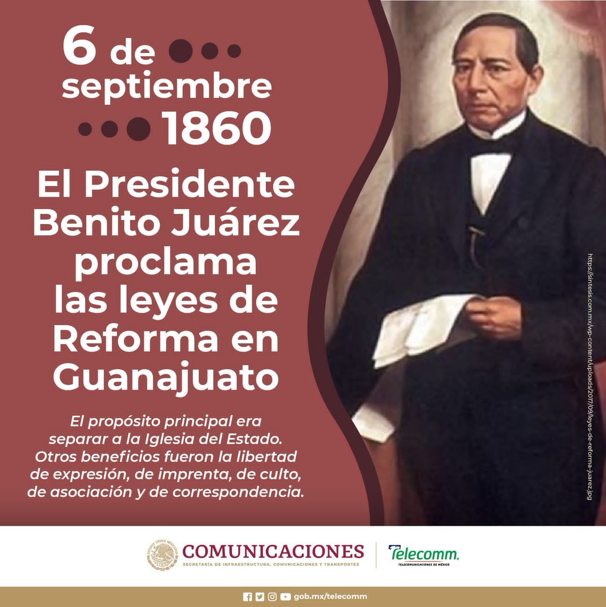 TelecommColima's tweet photo. #Efeméride
El 6 de septiembre de 1860, el presidente Benito Juárez proclama las Leyes de Reforma en Guanajuato https://t.co/TUcPdtiDrv