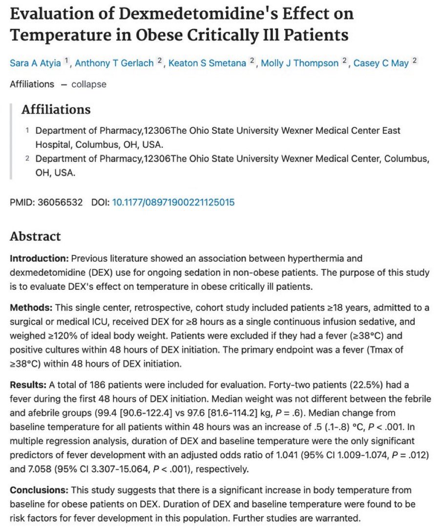 🚨 Excited to share our new publication - “Evaluation of Dexmedetomidine’s Effect on Temperature in Obese Critically Ill Patients”

<a href="/CaseyMayPharmD/">Casey C. May, PharmD, BCCCP, FNCS</a> <a href="/KeatonSmetana/">Keaton Smetana, PharmD, MBA, FNCS, FCCM</a> <a href="/SICUPharmD/">Tony Gerlach</a> 

journals.sagepub.com/doi/10.1177/08…