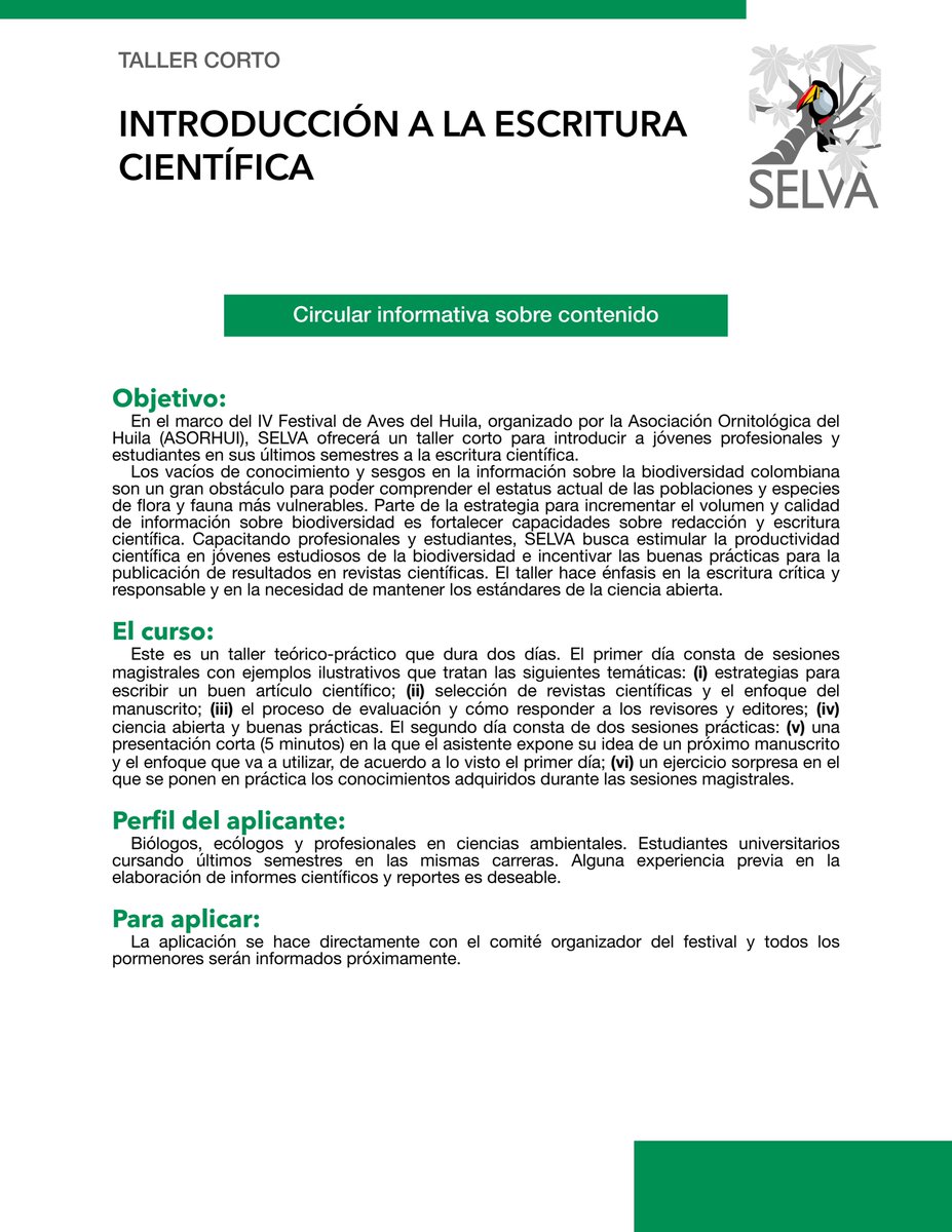 ¡SELVA también estará presente en el #IVFestivaldeAves del #Huila organizado por #ASORHUI! Ofreceremos el taller corto "Introducción a la escritura científica", el cual será impartido por nuestro socio fundador <a href="/EBoteroD/">Esteban Botero D.</a>.
Más información en las circulares adjuntas.