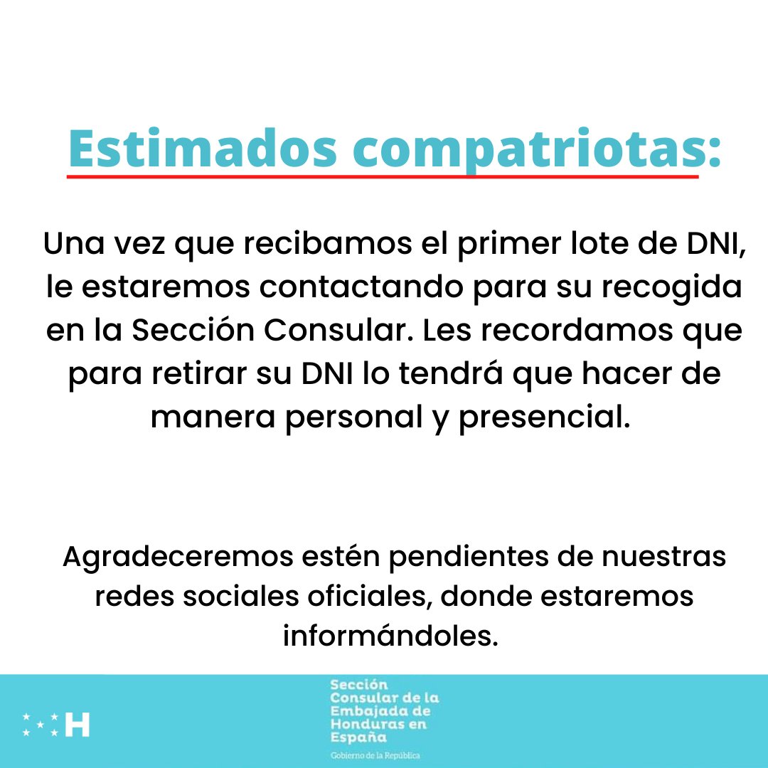 schnmadrid's tweet photo. Estimados compatriotas 🇭🇳 tomar nota del aviso respecto al DNI. https://t.co/3Sltyruo8z