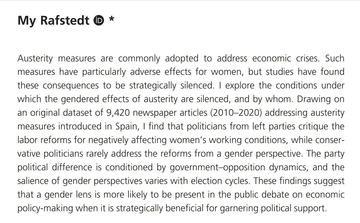 Very excited to see my first article published in Social Politics! 🥳

“Austerity Policies and the Strategic Silencing of Their Gendered Effects: Evidence from Spain” is available here: doi.org/10.1093/sp/jxa… (open access)
<a href="/nupinytt/">NUPI</a> 

A thread🧵👇