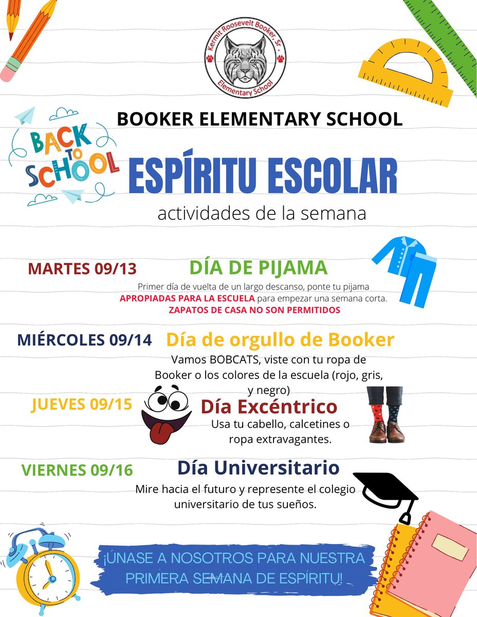 ¡¡Hola Booker Bobcats!! Feliz primer mes de clases!! ¡Para celebrar, tendremos nuestra primera semana de espíritu del año LA PRÓXIMA semana! ¡Así que prepárate para celebrar!