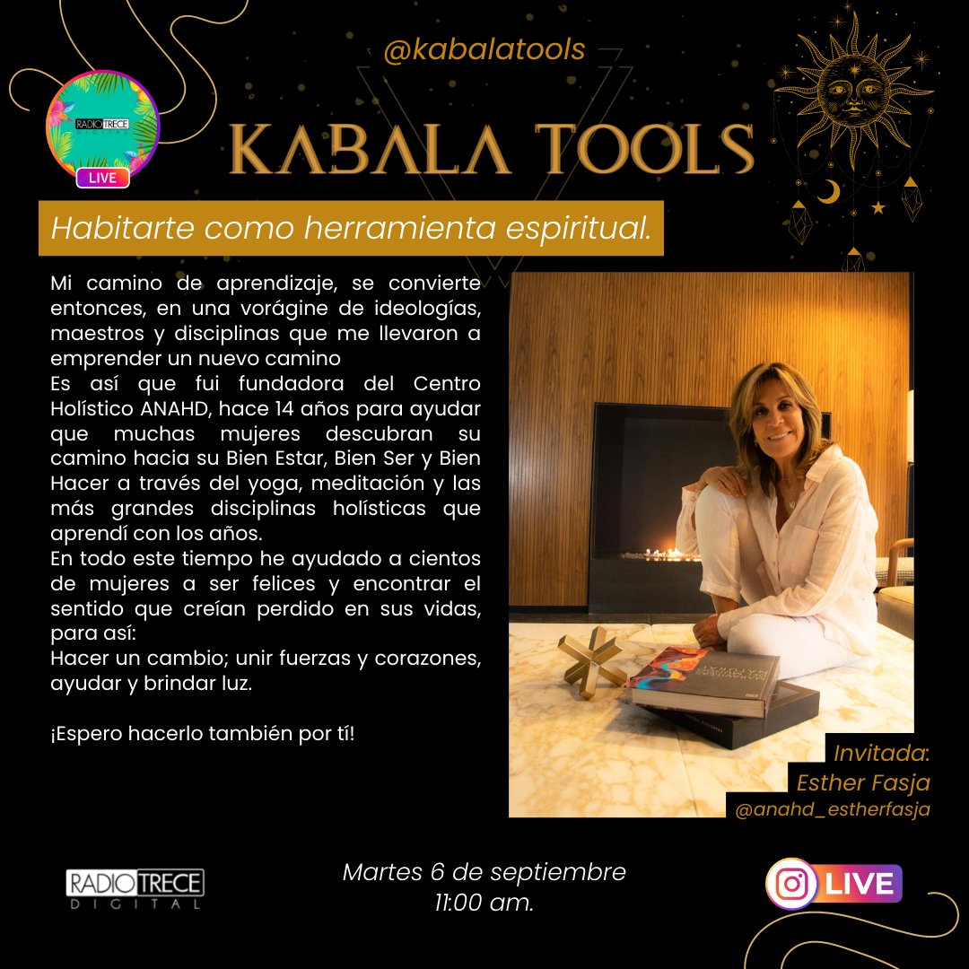 Radio13Digital's tweet photo. «Habitarte como herramienta espiritual»✨ es el tema de hoy en #KabalaTools con Ale Aceves, @ValeriaBaranek y su invitada, Esther Fasja.
📌 11:00 am. por #FBLive 👇
https://t.co/uDHotYSvIh
#ProgramaciónConsciente #spirituality #mindset #inspiration https://t.co/qehijxytHd