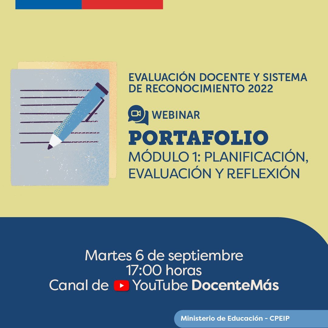 SEREMI_EDUC_V's tweet photo. Profes: invitamos a quienes se encuentran en el proceso de elaboración de portafolio por #EvaluaciónDocente o #CarreraDocente, al #webinar "Módulo 1: Planificación, Evaluación y Reflexión" 
Hoy 6 de sept. 17:00 horas en https://t.co/rIweKH1A2x
+ info en https://t.co/1wAaNczGeX https://t.co/plzqcxwejr