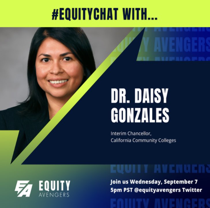 Tomorrow we kick off S3 of #EquityChat w/ <a href="/daisygonzales/">Dr. Daisy</a> Interim Chancellor <a href="/CalCommColleges/">California Community Colleges</a> ! We have new questions for S3 and we’re going deeper w/practitioners on actions and outcomes. Join us <a href="/Iamkeithcurry/">Dr. Keith Curry #EquityAvengers #RealCollegePrez</a> <a href="/DrTammeil/">Dr. Tammeil Gilkerson</a> <a href="/DrPamLuster/">Dr Pamela Luster #EquityAvengers #RealCollegePrez</a> <a href="/equityavengers/">Equity Avengers</a> Tag a friend!
