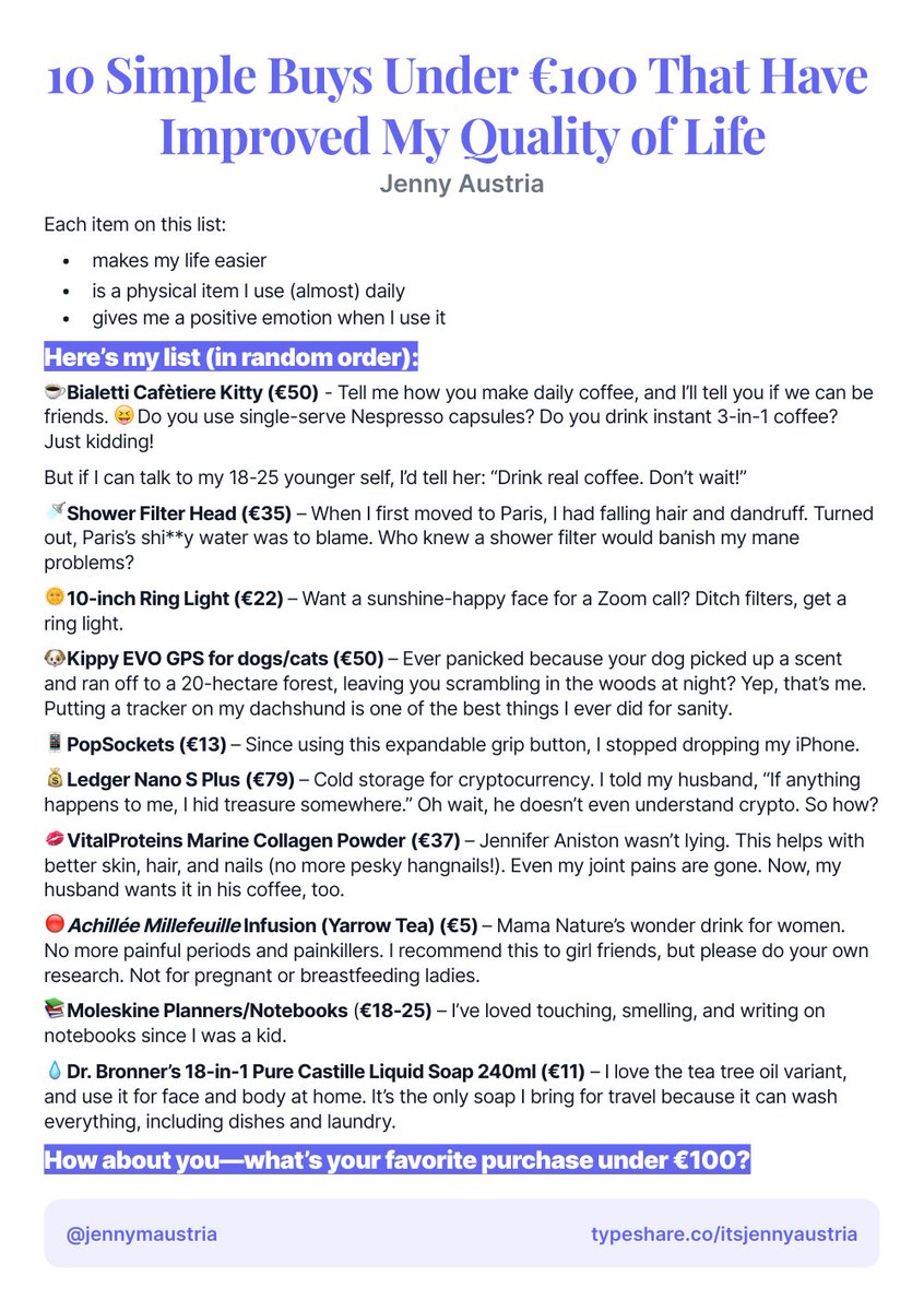 jennymaustria's tweet photo. Tim Ferriss and Dickie Bush inspired me to create this list. What's your favorite purchase under 100 bucks? 😊

#Ship30for30 https://t.co/mr2qANJjwN
