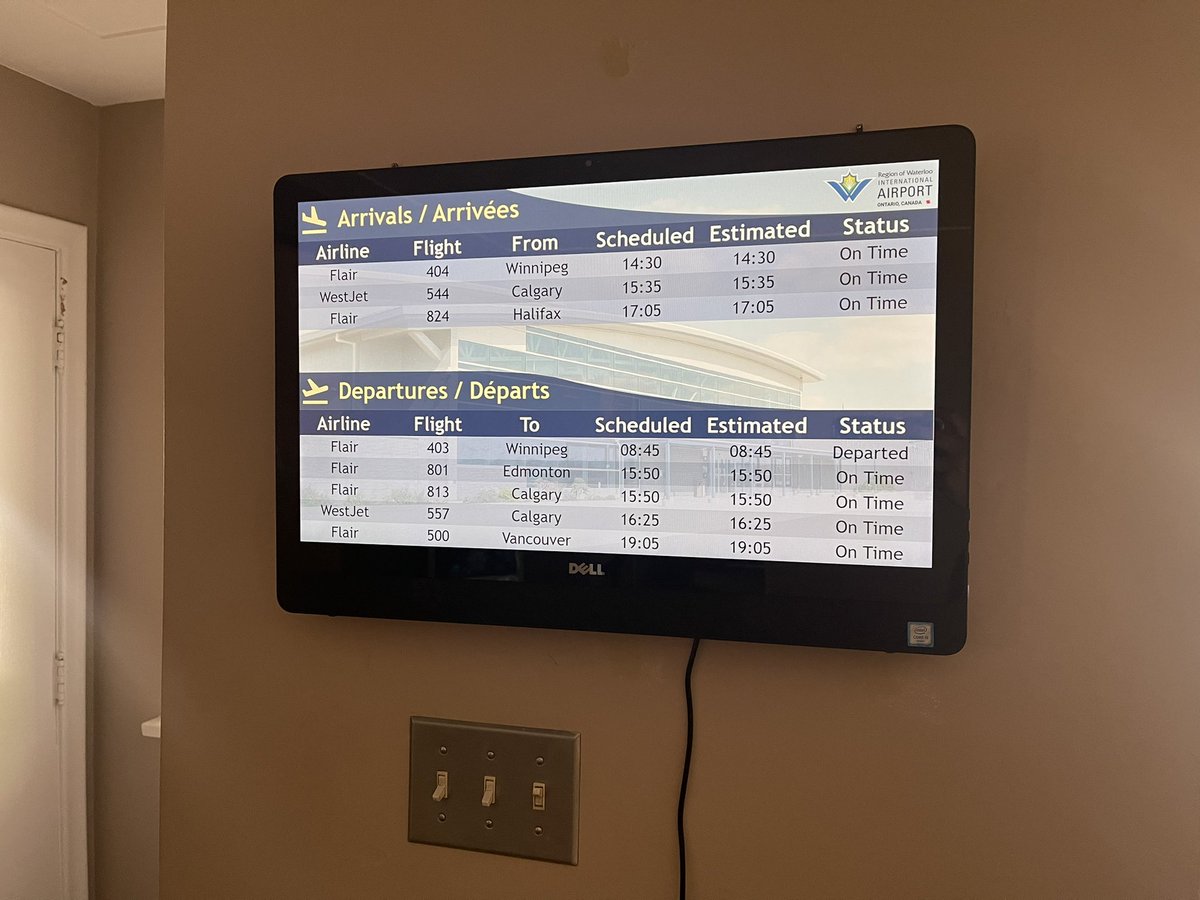 Status display all set up at home, intended for home automation and ADS-B stuff but also built a page for it that lets us pretend we’re at <a href="/FlyYKF/">Region of Waterloo International Airport</a> 😀 (and also learn what flights run to here at what times, since we’re new to the area) ✈️
