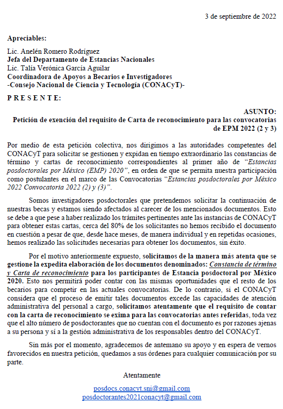 POSDOCsinSNI's tweet photo. @Conacyt_MX publicó una convocatoria de continuidad de Estancias Posdoctorales para la que es requisito presentar una carta de reconocimiento del 1er año de beca que se tramita con el mismo Conacyt y que no nos ha entregado en meses, por lo que pedimos (1/2) https://t.co/JnAu8qMolQ