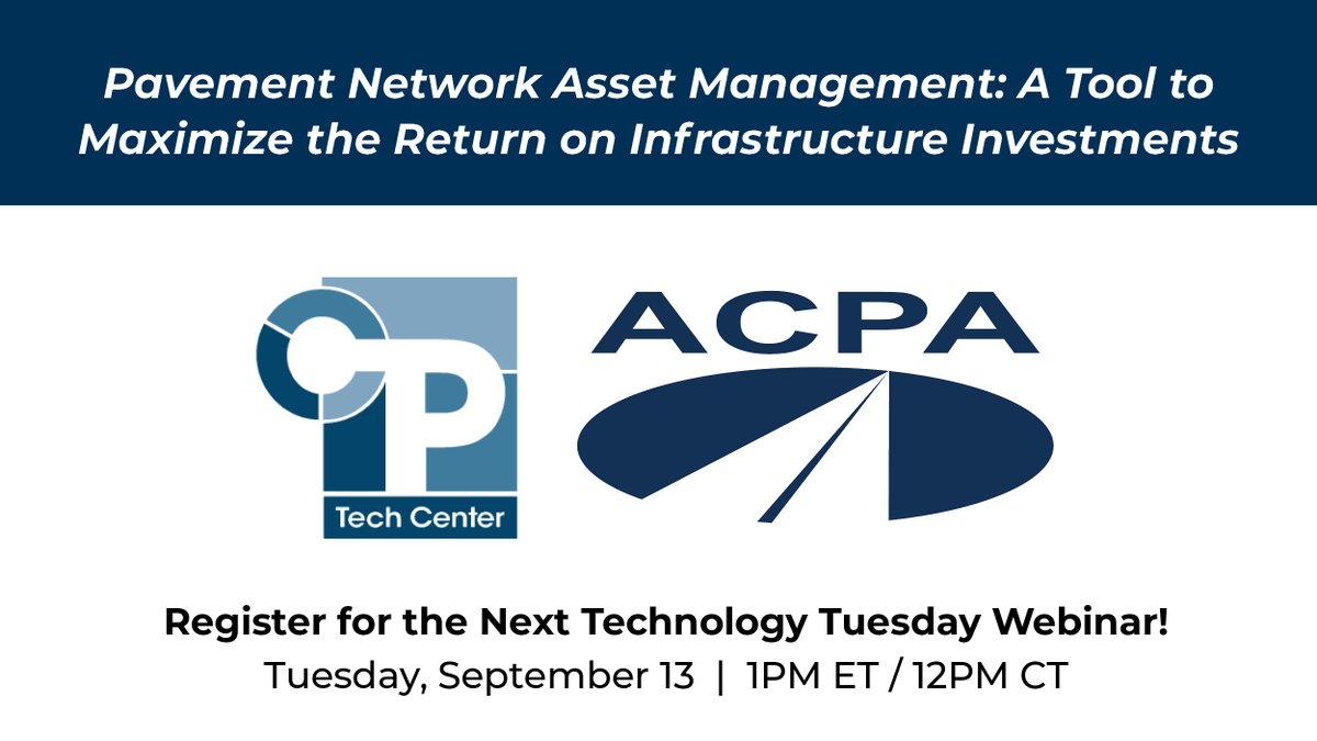 Register for next week's ACPA/CP Tech Center Technology Tuesday #webinar! Pavement network asset management is an important tool that can enable transportation agencies to maximize the return on every dollar spent.

hubs.li/Q01lD-DB0

#infrastructure #concretepavement