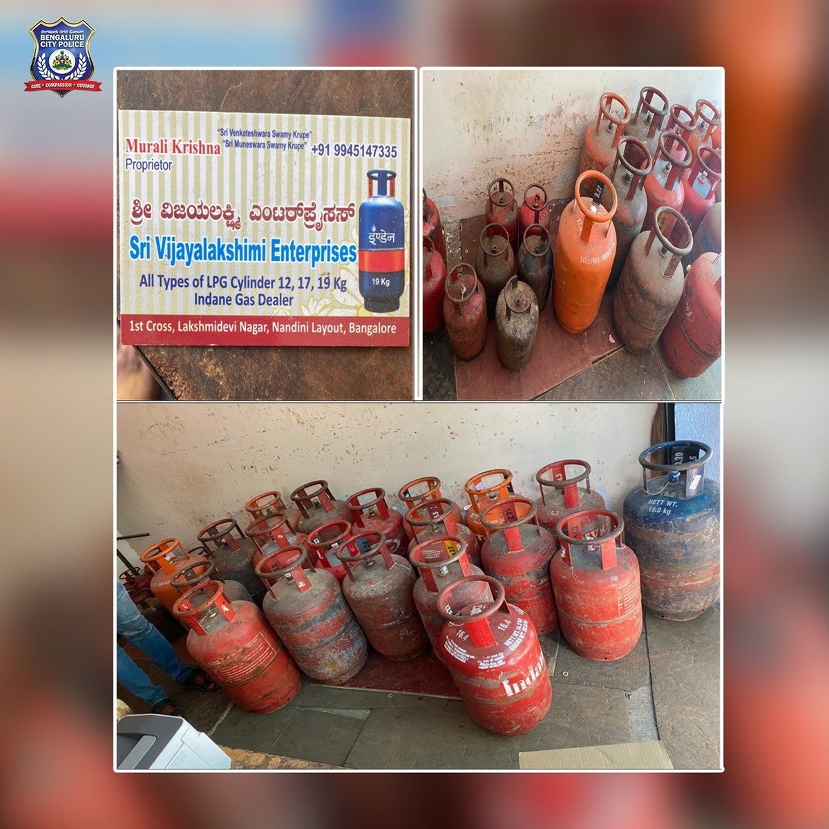 The CCB Squad raided on illegal Gas refilling shop in Nandini Layout PS limits and arrested the accused for illegally and unauthorizedly stockpiling cylinders of government and private gas companies, confiscated the 28 cylinders worth Rs. 55,000/- &amp;copper rods used for refilling.