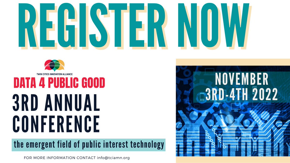 TCIAMN's tweet photo. Interested in how public interest technology impacts you & our communities? Interested in learning how we all have a role in co-powering the field of #PublicInterestTech? Register now for #D4PG 2022!
https://t.co/ffUdz2yCxx
#Data4PublicGood
#D4PG #PublicInterestTechTCIA https://t.co/L7TlHHBNVy