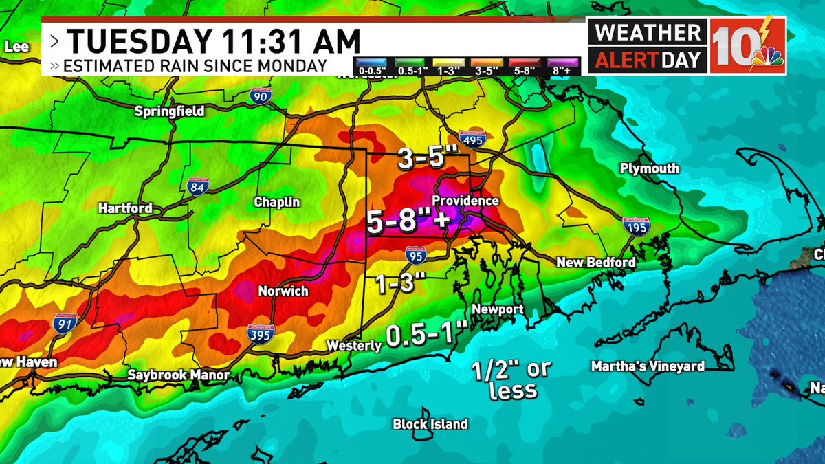 Anthony_Macari's tweet photo. Some insane rainfall estimates since yesterday that are backed up by reports across Southern New England. Providence County and in and around the city have been hit the hardest. https://t.co/AZ0liyd8RT https://t.co/RGy2SqDeZv