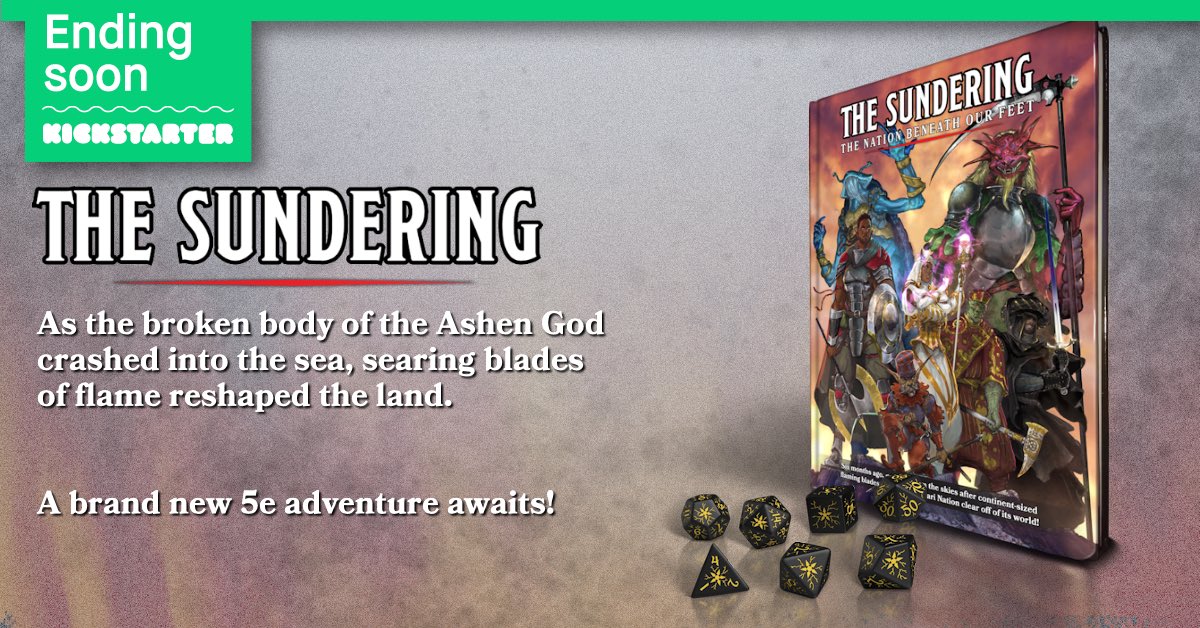 There are only TWO MORE DAYS to reach amazing stretch goals like VTT integration &amp; a celebrity stream game! Make your pledge for The Sundering: The Nation Beneath Our Feet from <a href="/UHStudios/">Unlikely Heroes Studios</a> <a href="/DamionPoitier/">Damion</a> &amp; <a href="/hannibaltabu/">Blacks Headroom (he/him)</a> NOW! uhstudios.com/kickit2