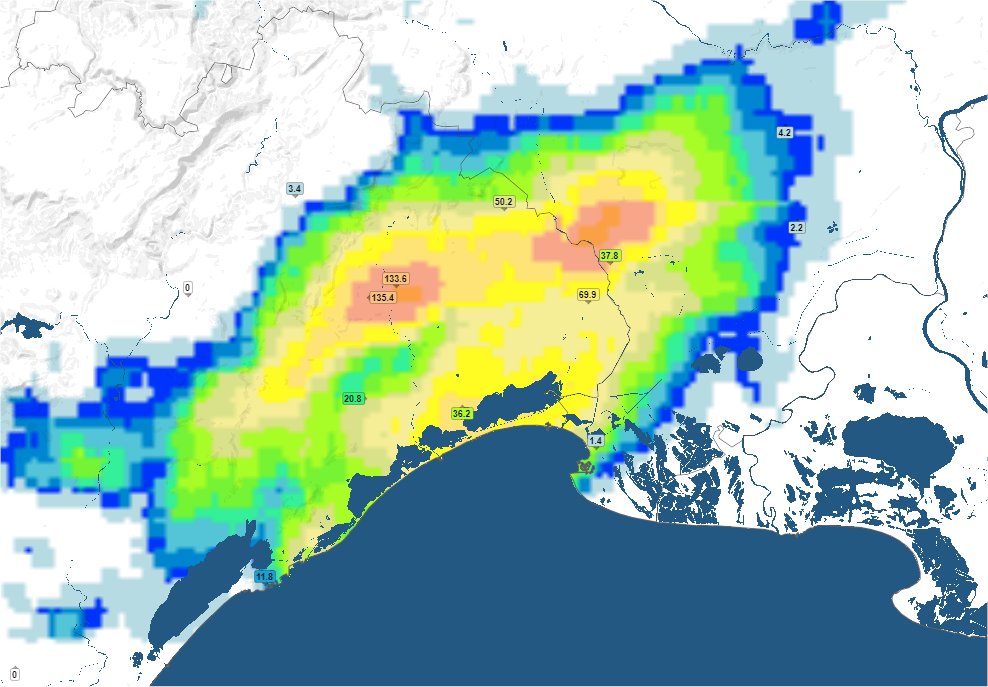 Jusqu'à 150/170 mm en pointes selon l'estimation radar, 130/140 mm relevés sous l'#orage stationnaire entre Prades-le-Lez et la frontière #Hérault #Gard. 
La structure gagne la mer en cette fin de journée.
Carte @infoclimat 