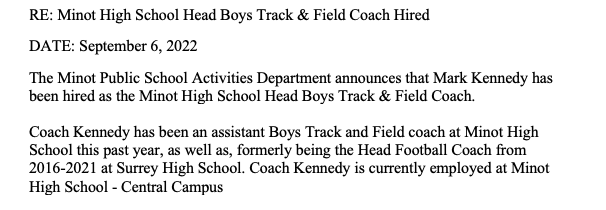 MinotHighAD's tweet photo. Excited to announce Mark Kennedy as the new Head Boys T&amp;F coach for Minot High School!  

@CoachKennedy4 @ZachKeenanTV @BalthazorAdeena @SeanW_MDN https://t.co/ZhSZb7jDEc