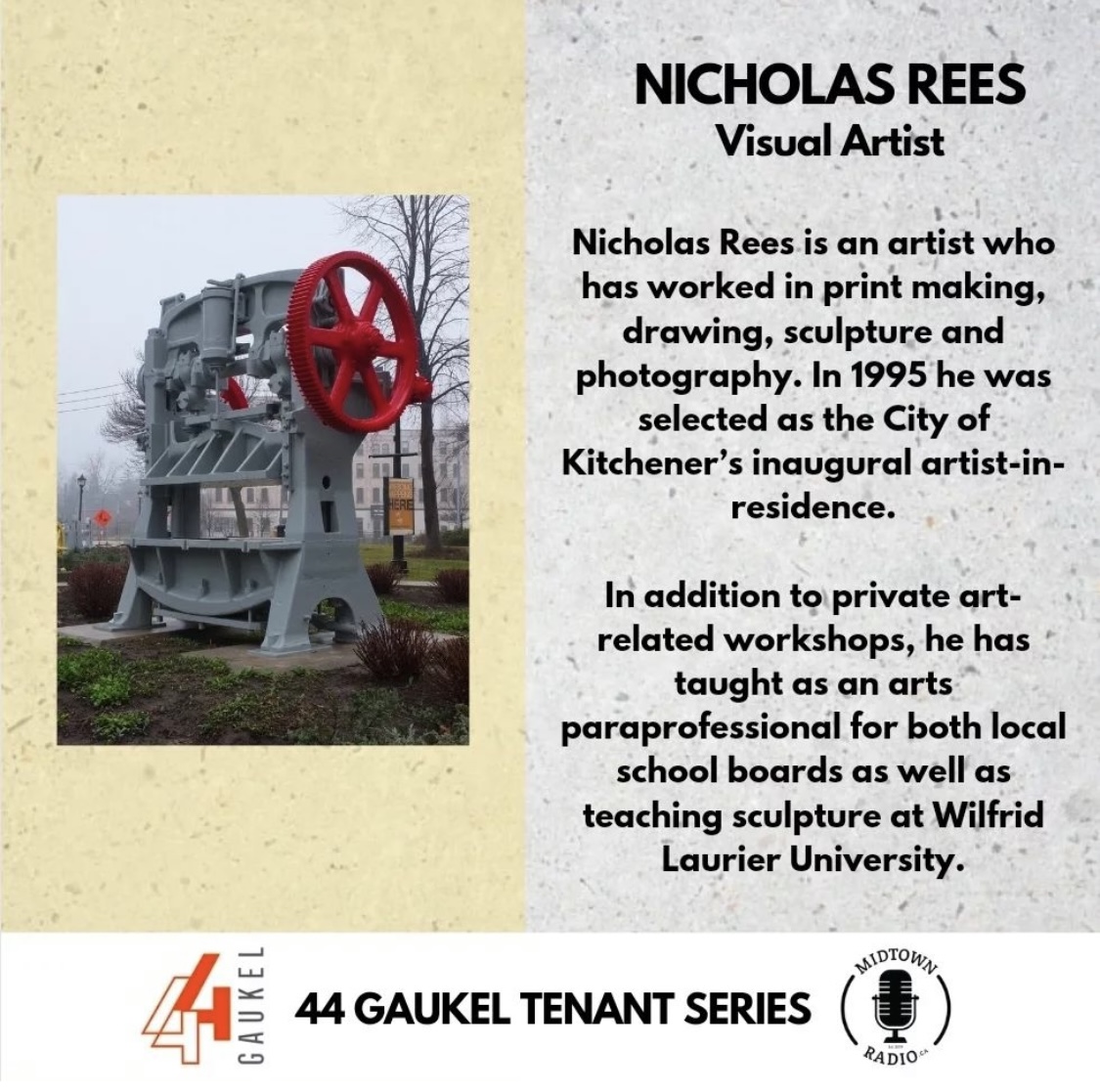 44 Gaukel (@44gaukel) on Twitter photo Next up in the 44 Gaukel Tenant Series by <a href="/MidtownRadioKW/">Midtown Radio</a> is Nicholas Rees. Nicholas was the first artist in residence in the region. Learn about his story and art! Visit <a href="/MidtownRadioKW/">Midtown Radio</a>'s website to hear the interview. Next up in the 44 Gaukel Tenant Series by <a href="/MidtownRadioKW/">Midtown Radio</a> is Nicholas Rees. Nicholas was the first artist in residence in the region. Learn about his story and art! Visit <a href="/MidtownRadioKW/">Midtown Radio</a>'s website to hear the interview.