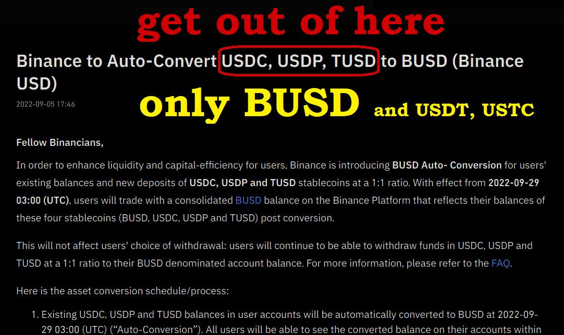 SzwajcarFx's tweet photo. Binance mówi wypad do USDC, USDP i TUSD
#autoconvert #binance #BUSD #USDC #USDP #TUSD
Co ciekawe nieruszony jest USDT (Tether), pewnie z powodu obecności wielu par Futures, a i USTC zostaje🤡.
Data przymusowego auto-konwertowania do BUSD to 29 września 2022. https://t.co/8PJmr9dDbi