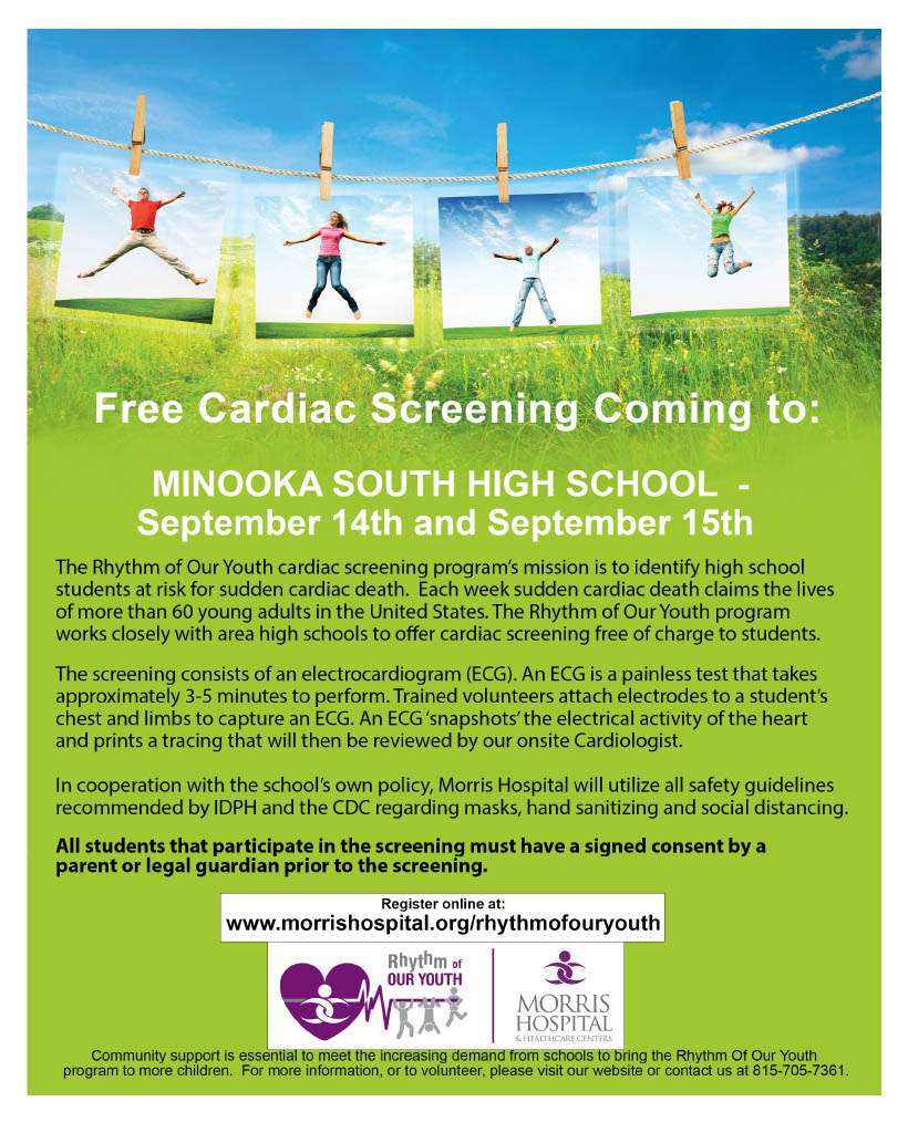 MCHS District #111 (@mchsdistrict111) on Twitter photo Reminder: We are offering FREE cardiac screening for MCHS South Campus students in collaboration with Morris Hospital Sept. 14-15. The program screening takes only 3-5 minutes to perform and can save a life! Parents, complete the required consent form at: morrishospital.org/.../rhythm-of-… Reminder: We are offering FREE cardiac screening for MCHS South Campus students in collaboration with Morris Hospital Sept. 14-15. The program screening takes only 3-5 minutes to perform and can save a life! Parents, complete the required consent form at: morrishospital.org/.../rhythm-of-…