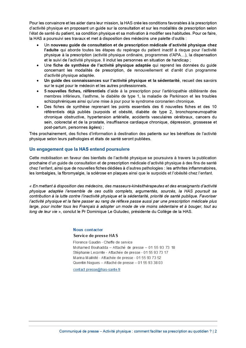 #Communiqué | La HAS poursuit ses travaux de promotion de l’activité physique sur ordonnance, une thérapeutique non médicamenteuse à part entière
Elle publie de nouveaux outils d’aide à la prescription médicale chez l’adulte.
➡ has-sante.fr/jcms/p_3363365…