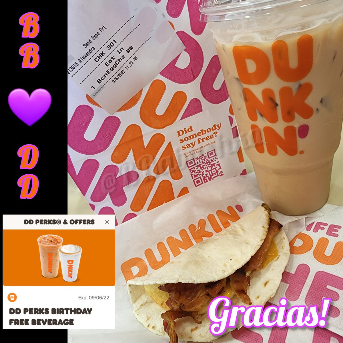 BBabushka's tweet photo. 1000x Gracias to @dunkindonuts for the #pumpkinspice #birthday #latte. BUENISIMO!!
The #baconeggcheese #wrap was perfecto #midmorning #pickmeup #recharge.
App is soooo worth it!!
#GSOG #grateful #virgovibes https://t.co/VpF46KzpHb