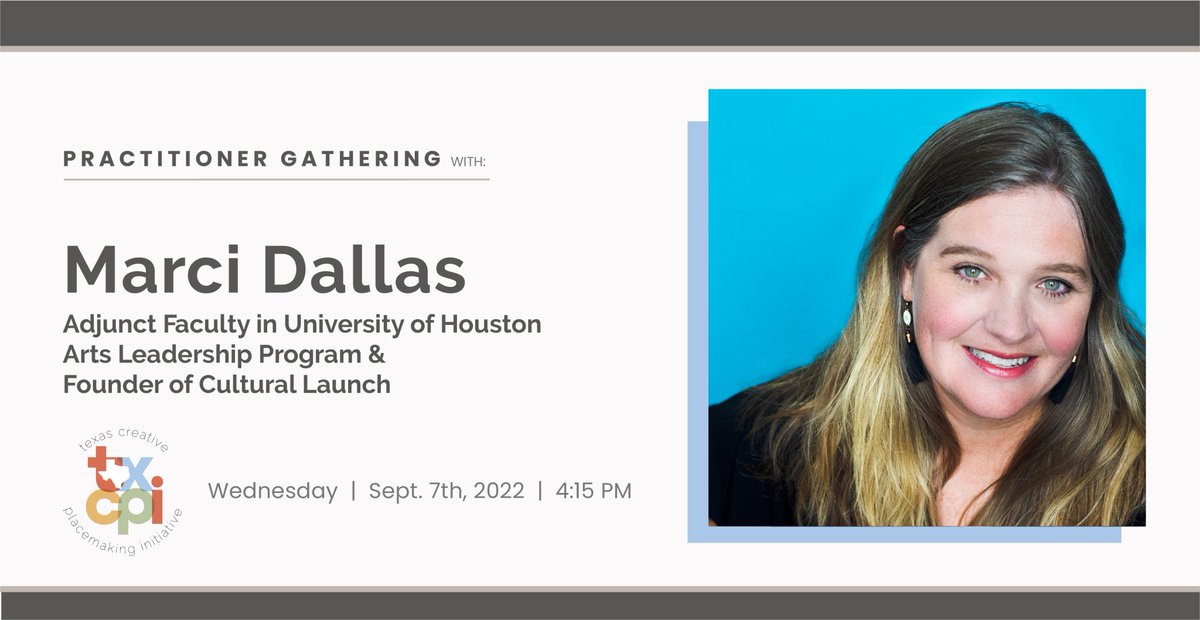 _txcpi's tweet photo. Join us on Wed 8/7 at 4:15 PM CST for our monthly  Practitioners Gathering.  

We'll talk with Marci Dallas on the topic of The Arts and Community Data, and explore the impacts art festivals can have on a city, its residents, and its visitors

Register: https://t.co/ropgInfzqF https://t.co/H1x8aEId2N
