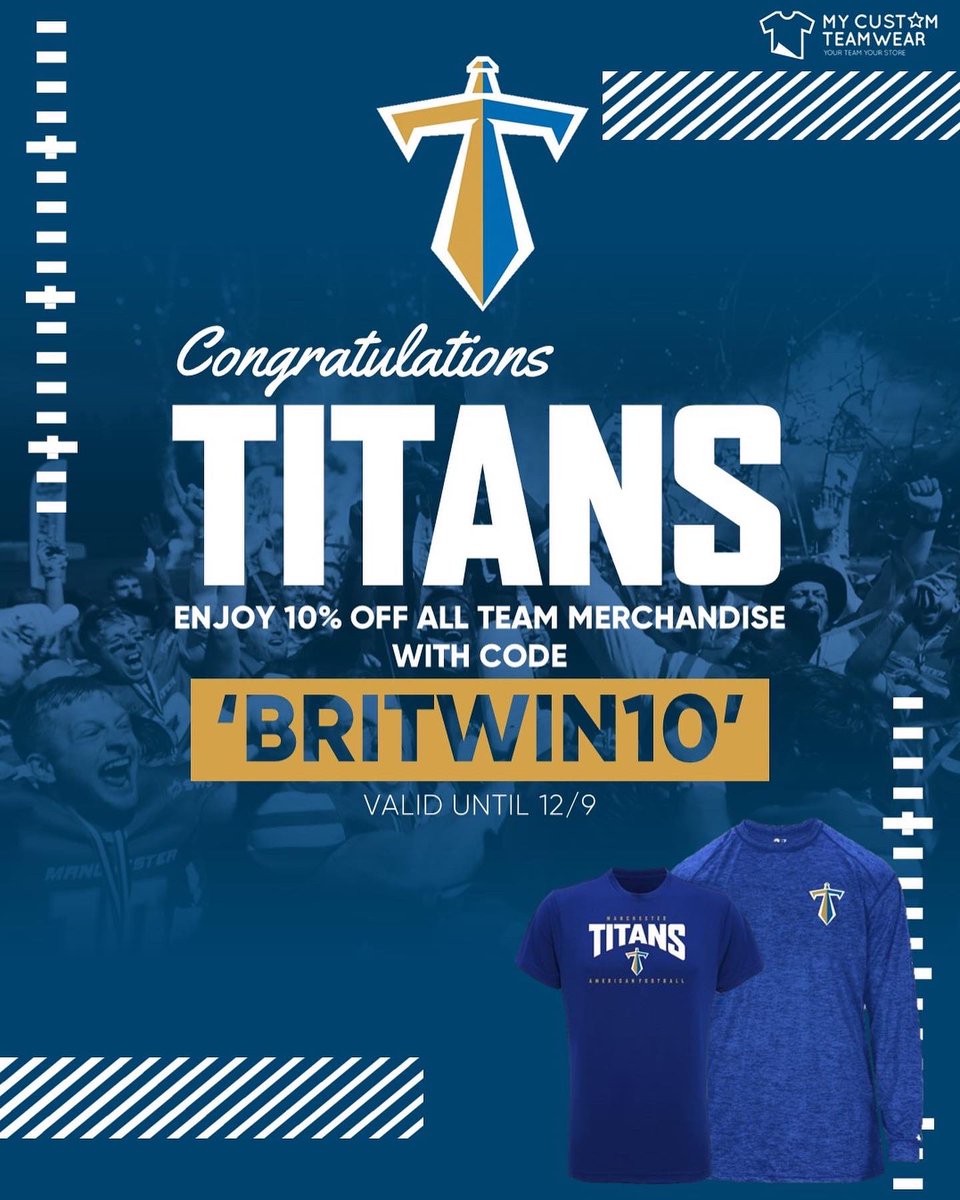 famerica's tweet photo. 🏆 CHAMPIONS 🏆

We wanted to celebrate your recent victories by offering 10% off all orders from your team merchandise stores 🍾 

Just use the code ‘BRITWIN10’ at checkout 🛒 

Valid until 12/9 

@ManchesterTitan 
#ManchesterForever
#OneClubOneFuture 
#TitanUp https://t.co/CfLv7UzqS0
