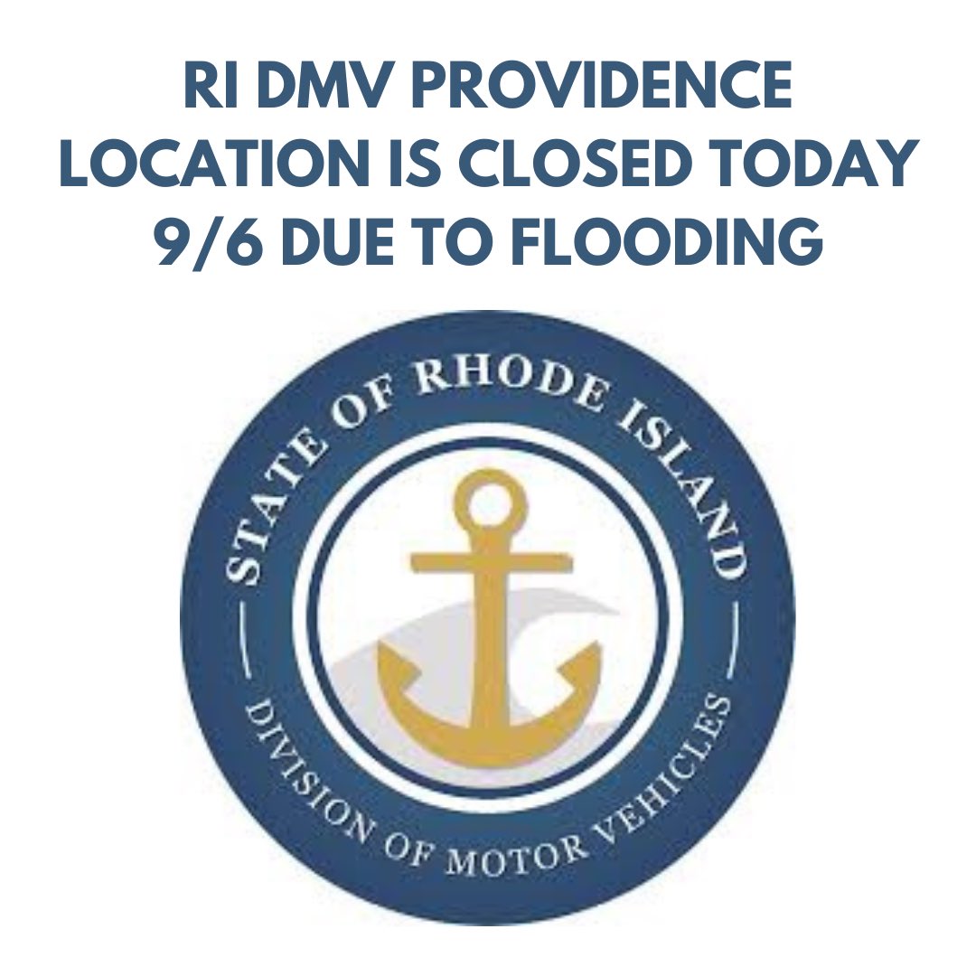 WhatsgoingonRI's tweet photo. CUSTOMER ALERT
The #RIDMV is alerting customers that its branch office, located at 325 Melrose St., #Providence, is closed today, Tuesday, Sept. 6, 2022, due to severe flooding. The closure will continue through at least Wednesday, September 7, 2022. #RhodeIsland https://t.co/uYUt1kyJVG