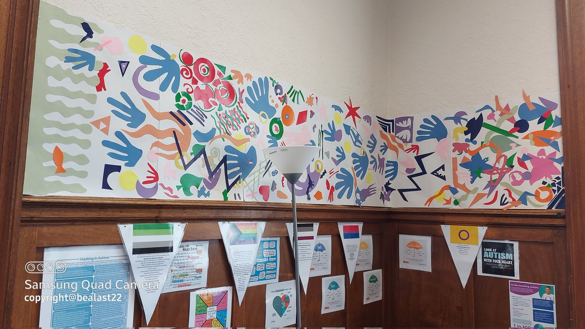 BeaLast's tweet photo. Great to see last week's artwork, created with #matisse #cutouts up on the wall in Dumfries @BetterLivesDG #autismnetwork - Thanks to all the young folk for getting involved. @IScreativecomm @HolywoodTrust #creativitymatters https://t.co/3tuuud8gB9