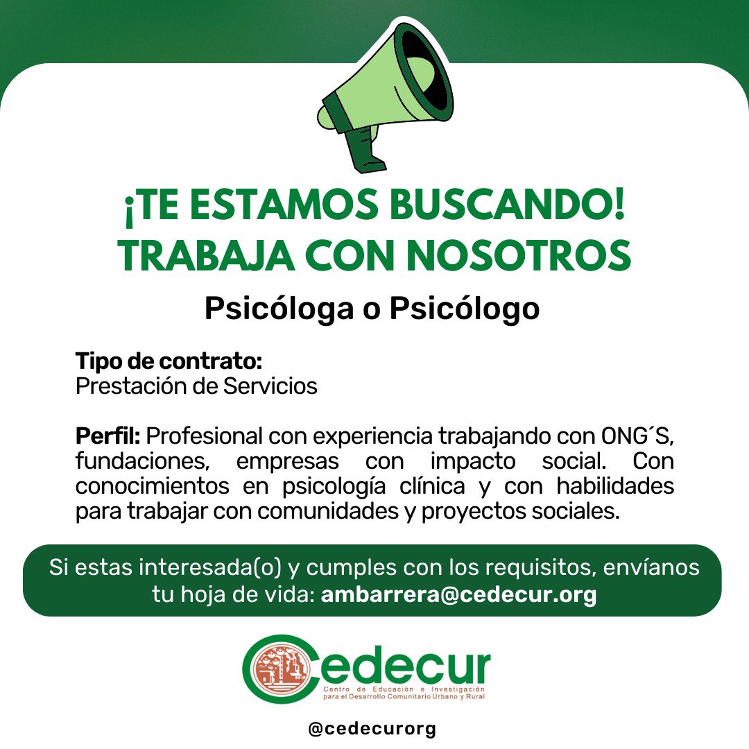 cedecurorg's tweet photo. ¡ÚNETE A NUESTRO EQUIPO!
Estamos buscando Psicóloga(o) con experiencia trabajando en proyectos sociales o con comunidades, que cuente con conocimientos clínicos. 
📥Si estás interesada(o) por favor envíanos la hoja de vida: ambarrera@cedecur.org #trabajosihay #trabajocali https://t.co/Dikfyp5glY
