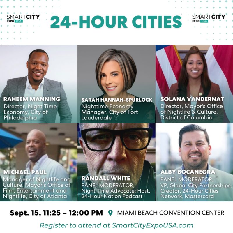 Next week, <a href="/24hournation/">24HourNation</a>'s Randall White joins Mastercard's Alby Bocanegra along with nighttime economy managers from Philadelphia, Fort Lauderdale, Washington DC and Atlanta. Topic? 24-hour cities. <a href="/SmartCityExpoUS/">Smart City Expo USA</a>
