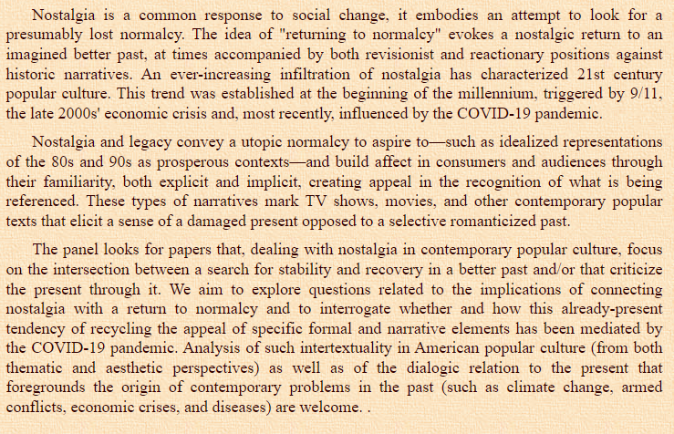 📢#CFP: "Ominous Future, Damaged Present and Nostalgia for the Past: Return to Normalcy?" (16th SAAS International Conference, Panel 9)
📆Abstract deadline: October 15, 2022
🔗More info: bit.ly/3Ro127m
#16SAASConference