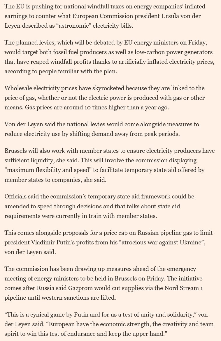 HUGE if it pans out!

The EU is pushing for national windfall taxes on energy companies' inflated earnings to counter what European Commission president Ursula von der Leyen describes as "astronomic" electricity bills.
ft.com/content/f63c76…