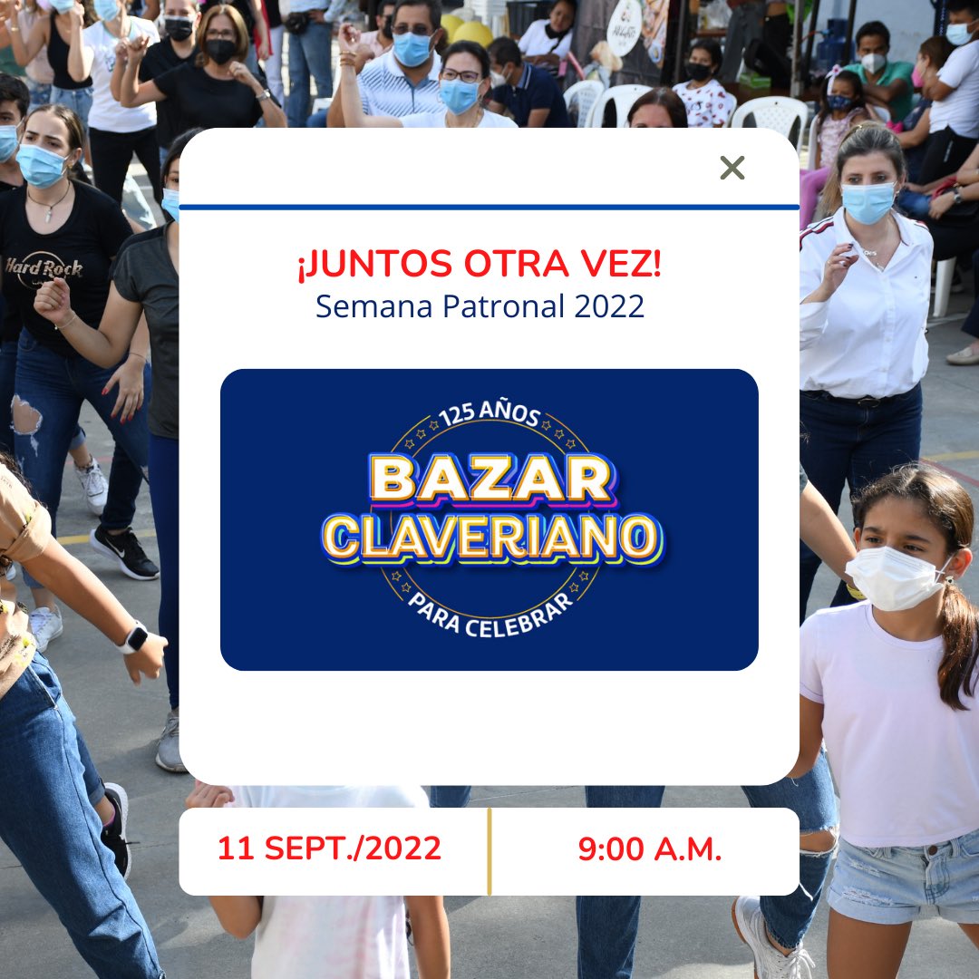 colsanpedrobga's tweet photo. ¡Comunidad Claveriana!

Llegó el momento de estar ¡juntos otra vez!

Este 11 de septiembre nos encontraremos en el #BazarClaveriano para disfrutar de todas las actividades culturales, deportivas, gastronómicas, empresariales, ⛹🏻‍♀️🤹🏻‍♀️🎸🐩🍕y dar inicio a nuestra #SemanaPatronal. https://t.co/G2yRI96ppL