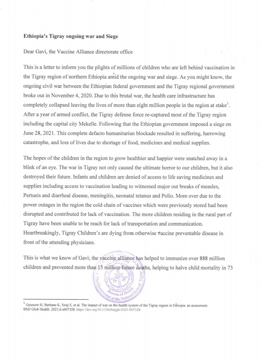 meazaG_'s tweet photo. In a rather heartbreaking letter issued to @gavi et al., the Maternal &amp; Child health coordination team of Tigray stated that children in the region are dying from otherwise vaccine-preventable diseases due to a state-imposed brutal siege that has normalized humanitarian blockade. https://t.co/t7MeN6HCTI