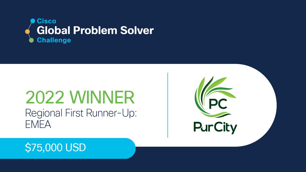 🥇 Congrats to @PurCity1 from Denmark for winning a $75,000 USD Regional First Runner-Up (EMEA) Prize! 👉 Winning Solution: Turning new or existing buildings into large-scale carbon capture air purification systems. ow.ly/Oozq50KBgLx @Cisco #GlobalProblemSolverChallenge