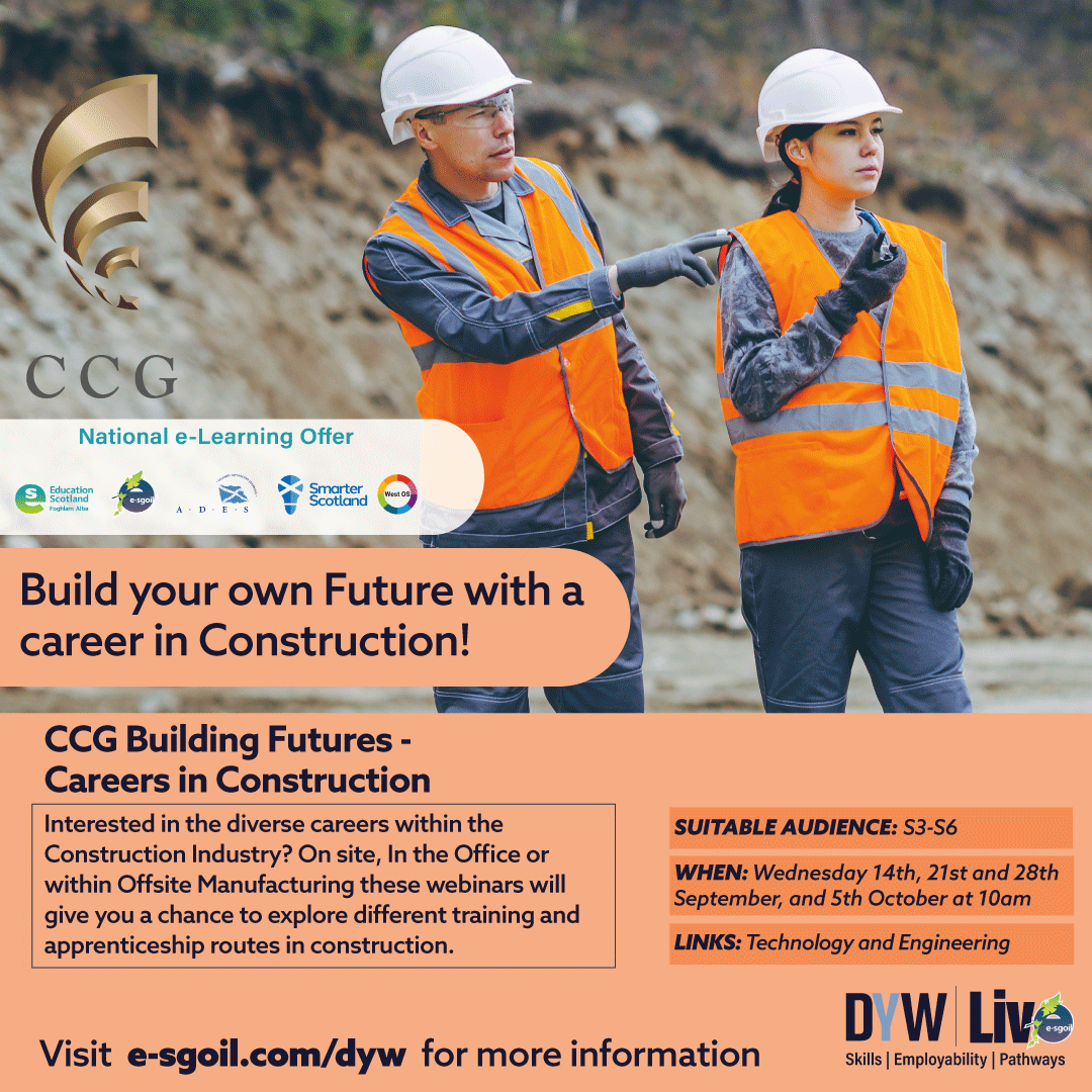 eSgoil's tweet photo. 🚨DYW Live🚨
Explore different training and apprenticeship routes in construction with CCG 
Starts Wednesday 14th September
Find out more and sign up at https://t.co/0yxx8WFG0x

@CCG_Scotland @ESskills 
#ccgscotland #DYWLive #NeLO https://t.co/ybapFB07m8