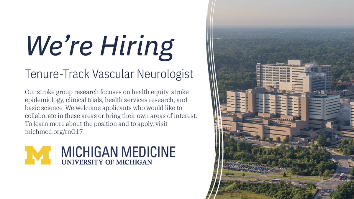 UMneurosciences's tweet image. Join us! U-M Neurology is recruiting for a tenure track position in our stroke division. Applicants from underrepresented backgrounds are encouraged to apply. More information: michmed.org/rnG17
#BlackinSTEM #LatinxinSTEM #NativeinSTEM #WomeninSTEM #LGBTQinSTEM #MarginSci