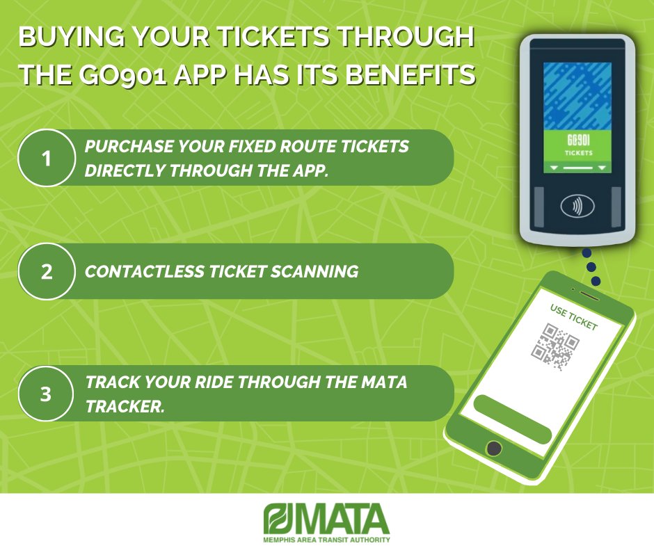 RideMATA's tweet photo. Buying your transit tickets through the #Go901 app has its perks. Download the app or visit https://t.co/iyYPUlsPtI to purchase yours today!
#Go901 #rideMATA #Memphistransit #MATAmemphis #MATA #memphis #publictransit https://t.co/AuozS2jINq