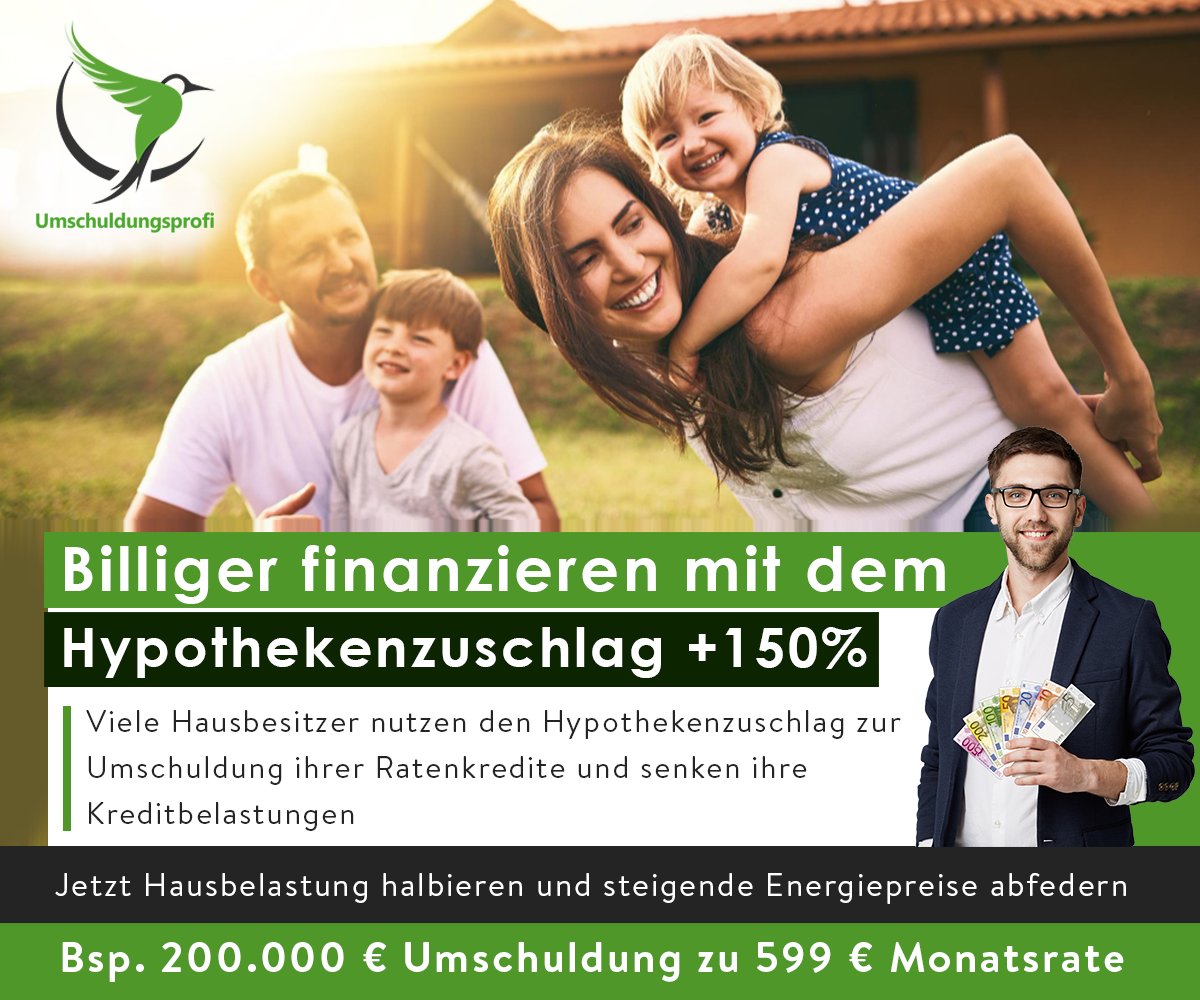 Billiger finanzieren mit dem
Hypothekenzuschlag +150%

Bsp. 200.000 € Umschuldung zu 599 € Monatsrate

kostenfrei &amp; unverbindlich Informationen anfordern- umschuldungsprofi.de 

#umschulden #umschuldung #nachfinanzierung #anschlussfinanzierung  #umfinanzierung #sachsen