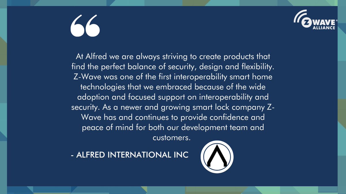 ZWave_Alliance's tweet photo. Hello, Alfred. As a member of the #ZWaveAlliance, @Alfred_Intl_Inc has developed with #ZWaveTechnology to design advanced smart locks for both residential properties and commercial buildings.
#MemberSpotlight #BecomeAMember #member #ZWaveMember https://t.co/B0CkSzGxUW