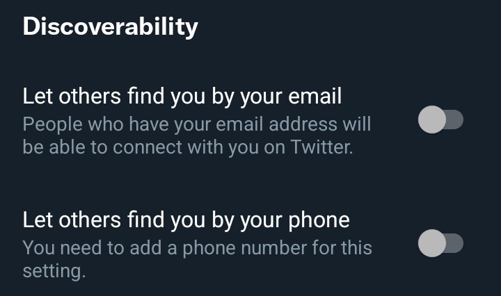 Security Settings for Twitter: *Turn on Additional password protection *Turn off Discover ability (phone/email) Settings -> privacy -> discoverability Recommend -> Use 2FA